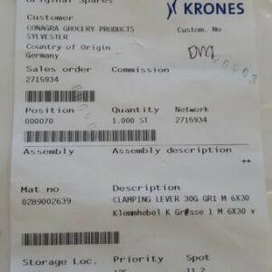*NEW* Krones 0289002639 Clamping Lever 30G GR1 M6x30 Handle 0-289-00-263-9 - Image 2