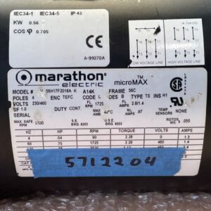 NEW NO BOX- Marathon V 56H17F2018A K Micromax Induction Motor .75HP 1725RPM 460V - Image 2