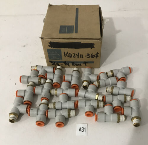 *NEW OPEN BOX* Lot of 20 SMC KQ2Y11-36S Pneumatic Male Tee Fittings 3/8" Tubing Main Image
