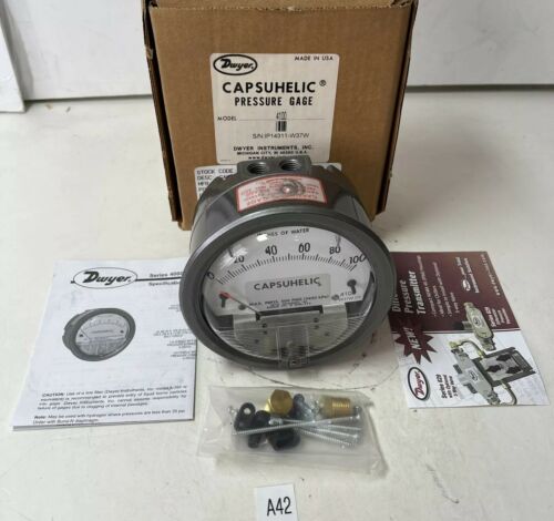 *NEW* DWYER CAPSUHELIC PRESSURE GUAGE 4100 W37W DT 0-100” H2O 500 PSIG MAX Main Image