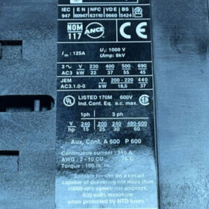 NEW W/Factory Packaging- Telemecanique LC1D8011 JEM AC3 1.0-0 600VAC 60HP 125A - Image 7