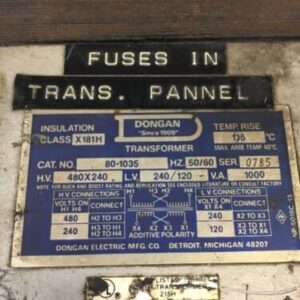 Dongan 80-1035 Transformer Class X181H 240/480HV 240/120LV 1000VA - Image 2