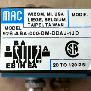 NEW ASSEMBLY- MAC 92B-ABA-000-DM-DDAJ-1JD 24VDC 20-120PSI Solenoid Valve Assy. - Image 3