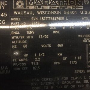 New Marathon Electric XRI Severe Duty 1.5 Hp Motor 182T 182TTTS6576DR L 460v - Image 3