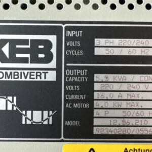 PREOWNED- KEB Combivert 12.56.210 220/240V 5.5KVA Cont. Cap 16A Max 4.0KW Max 4P - Image 4
