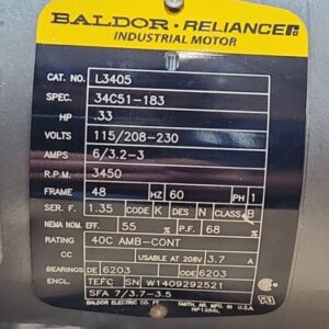 *NEW* Baldor L3405 Industrial Motor 1/3Hp 3450Rpm 115/208-230V 60Hz + Warranty! - Image 2