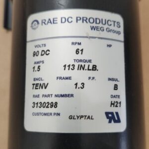 *NEW* Rae Corporation 3130298 DC Motor 90Vdc 61Rpm 1.5A 113 In.Lb TENV +Warranty - Image 3