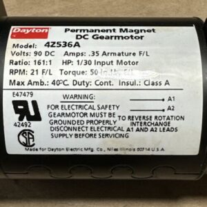 NEW NO BOX- Dayton Permanent Magnet DC Motor 4Z536A 90v 161:1 Ratio 1/30Hp 21F/L - Image 2