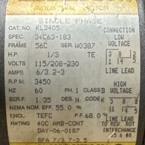 NOS- Baldor KL3405 Industrial Motor 1/3Hp 3450Rpm 115/208-230V 60Hz + WARRANTY! - Image 2